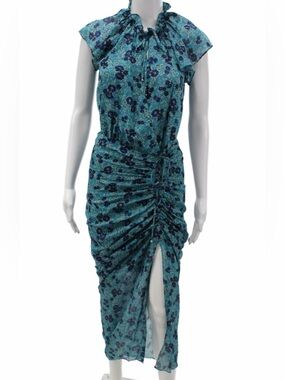 Veronica Beard Teal Floral Ruched Split Maxi Dress